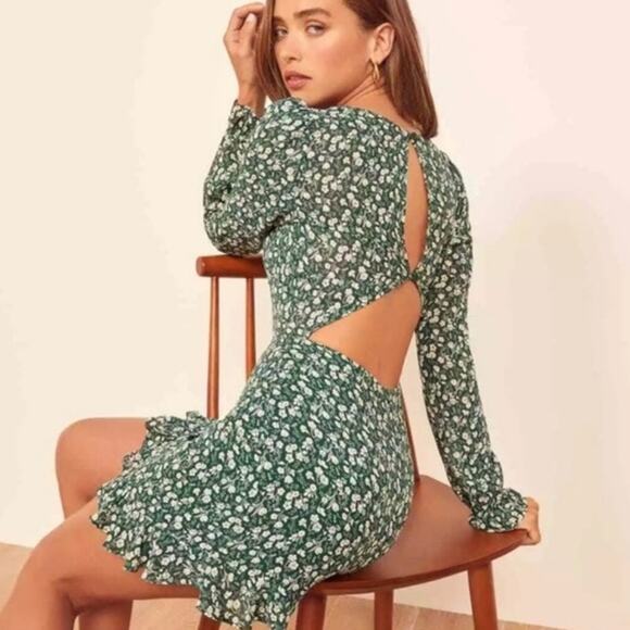 Reformation Eleanor green floral mini dress ruffle flounce romantic open back